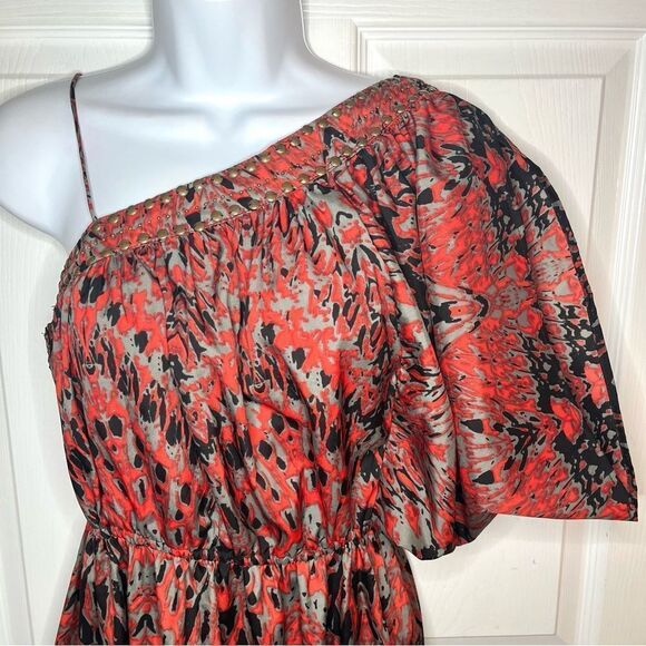 Angie One Shoulder Mini Dress Split Sleeve Feather Print Metal Bead Red Black S - Picture 3 of 10
